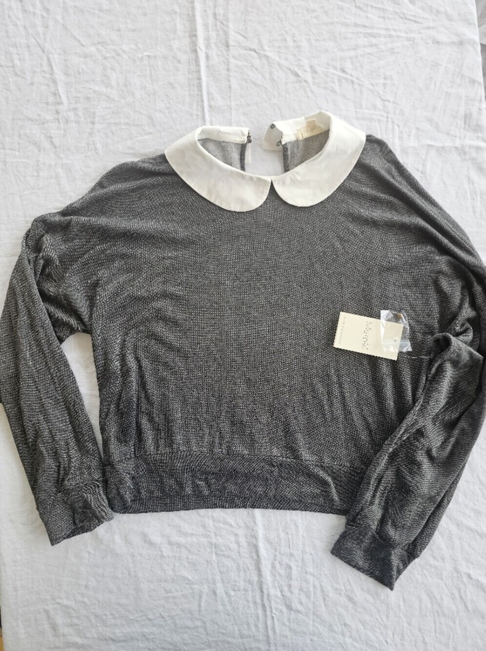 Meraki Charcoal Gray Fleece Top with White Peter Pan Collar Size XL